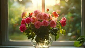 Beautiful bouquet of pink and peach roses in a glass vase by a sunlit window in a garden setting photo