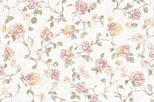 Delicate floral pattern with pink and yellow blossoms on a soft white background perfect for interior design projects photo