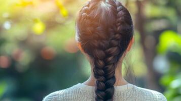 Woman with braid enjoying a sunny day in a lush garden with soft light filtering through the leaves photo