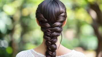 Beautifully braided hairstyle close up in natural setting with soft sunlight photo