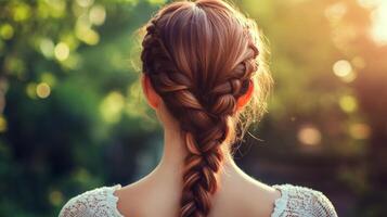 Young woman with braided hair enjoys a tranquil moment in a sunlit garden during the golden hour of late afternoon photo