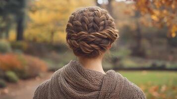 Braided hairstyle seen from behind during an autumn stroll in a park with colorful foliage photo