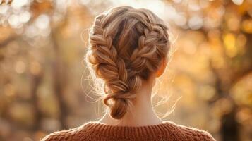 Beautiful braided hairstyle on a woman in a sunlit autumn park surrounded by colorful foliage photo