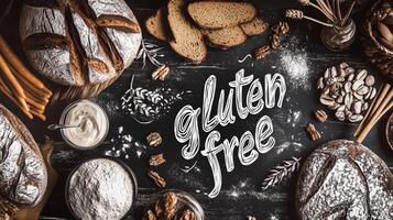Delicious gluten-free baked goods displayed on a rustic wooden table with natural ingredients photo