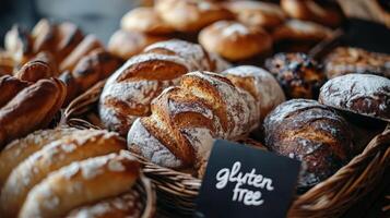 Bakery display featuring various fresh breads including gluten-free options in a warm setting photo