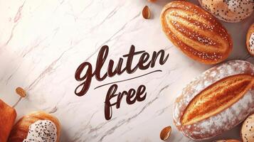 Freshly baked gluten free breads and pastries arranged on a marble countertop with almonds scattered around photo