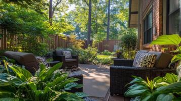 Inviting outdoor seating area surrounded by greenery in a tranquil garden setting during late afternoon photo