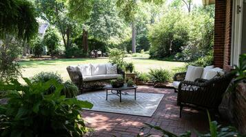 Cozy outdoor seating area surrounded by greenery in a backyard during daytime photo