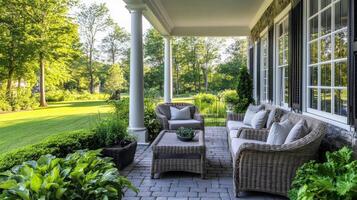 Charming outdoor seating area with wicker furniture surrounded by lush greenery on a bright sunny day photo