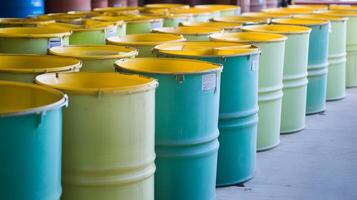 Colorful industrial barrels arranged in a warehouse setting during daylight hours for storage and organization photo