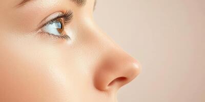 Close-up view of a woman's eye showcasing natural beauty and elegance in soft light against a pale background photo