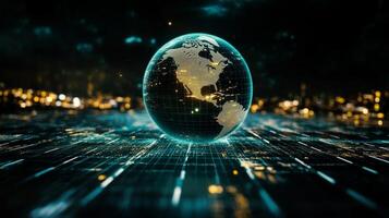Glowing digital globe representation displaying data connections and city lights in a futuristic setting photo