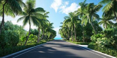 Serene coastal road lined with palm trees leading toward the ocean on a sunny day photo