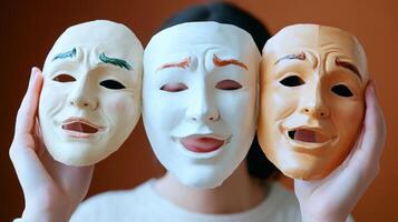 Colorful expression masks held by a person highlighting the art of performance in a creative setting photo