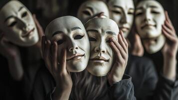 Masks represent different emotions held by individuals during a dramatic performance in a dimly lit studio setting photo
