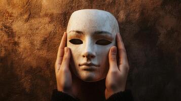 Hands holding a white mask against a textured background in a dimly lit setting photo