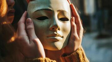Holding a delicate mask while enjoying warm sunlight in an artistic outdoor setting photo