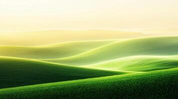 Rolling green hills under soft morning light create a tranquil landscape in nature's serene beauty photo