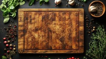 Fresh herbs and spices arranged around a wooden cutting board ready for meal preparation photo