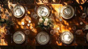 Beautifully set dining table with elegant silverware and floral centerpiece surrounded by natural light in an outdoor setting photo