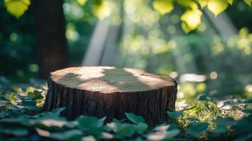 Sunlight filters through leaves illuminating a tree stump in a tranquil forest setting during the golden hour photo