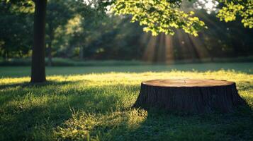 Sunlight filters through trees illuminating an old tree stump in a tranquil park during late afternoon hours photo