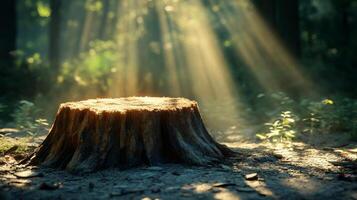 Light streaming through trees onto an old tree stump in a tranquil forest setting photo