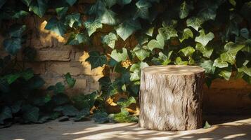 Sunlight filters through leaves onto a wooden stump surrounded by green ivy in a tranquil outdoor space photo