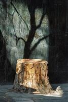 Tree stump casting a shadow on a textured wall in a quiet outdoor setting during the day photo
