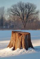 Winter landscape featuring a tree stump surrounded by snow beneath a clear sky at dusk photo
