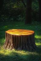 Tree stump set against a dark forest background with sunlit grass during midday photo