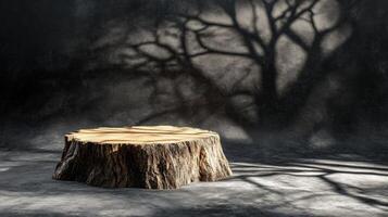 Stump on a dark background with tree shadows cast across the surface in an atmospheric setting photo