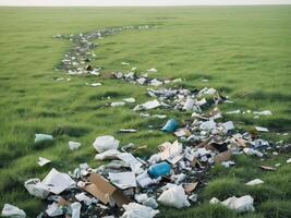 A field of garbage and trash on the ground photo