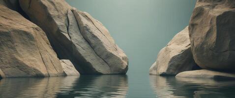 A large rock formation in the water with a light shining through photo