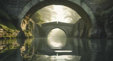 The bridge over the river in the middle of the forest photo