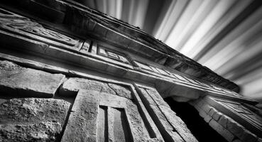 An ancient building with a sunburst in black and white photo