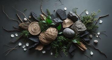 Organic Still Life Composition with Stones, Twine, and Greenery on a Dark Background. photo