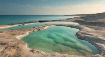 Coastal Tranquility. Serene Turquoise Waters and Limestone Formations on a Quiet Shore. photo