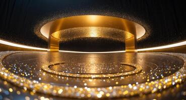 Golden Stage. Abstract Platform with Glowing Particles and Circular Design Elements photo