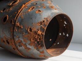 Heavily Weathered Metal Cylinder with Rust and Holes, Industrial Decay Still Life. photo