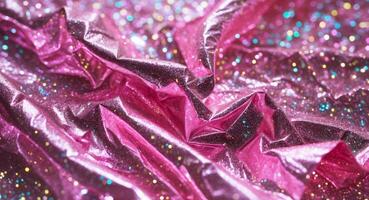 Abstract Shimmering Pink Fabric with Glitter and Folds Creates a Festive Visual Texture. photo
