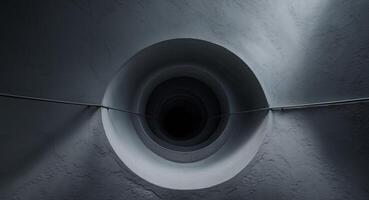 Abstract Architecture. A concrete tunnel receding into darkness, crossed by a rail. photo