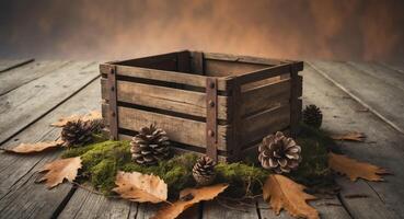 Rustic wooden crate with pine cones and autumn leaves on a mossy surface. photo