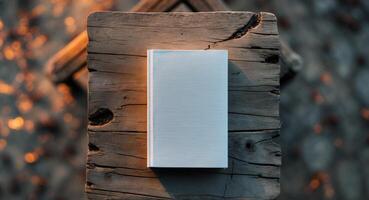 White Blank Book Mockup on Rustic Wooden Surface, Natural Light and Bokeh. photo