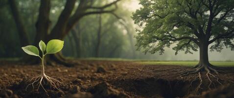 A Sprout Emerges in a Lush Forest, Symbolizing Growth and New Beginnings. photo