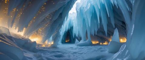 Icy Cavern Wonderland. A Glimpse into a Frozen Paradise of Stalactites and Light. photo