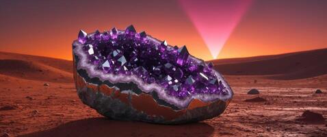 Majestic Amethyst Geode in the Desert Landscape, Illuminated by a Beam of Light. photo