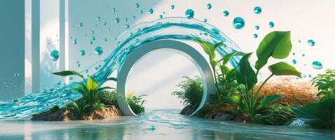 Serene Water Garden. A Minimalist Oasis with Tropical Plants and Circular Gateway photo