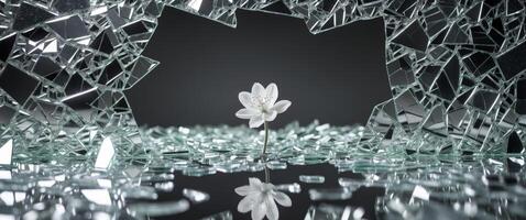 Fragility and Resilience. A White Flower Emerging Through Broken Glass, a Symbol of Hope. photo