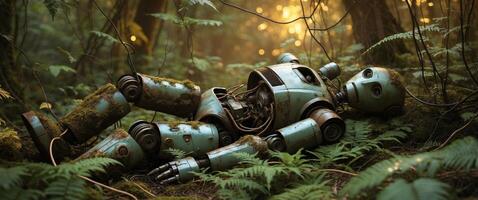 A robot laying in the middle of the forest photo